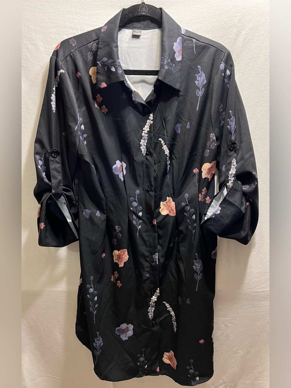 Black Floral Button-Up Shirt Dress Floral Print